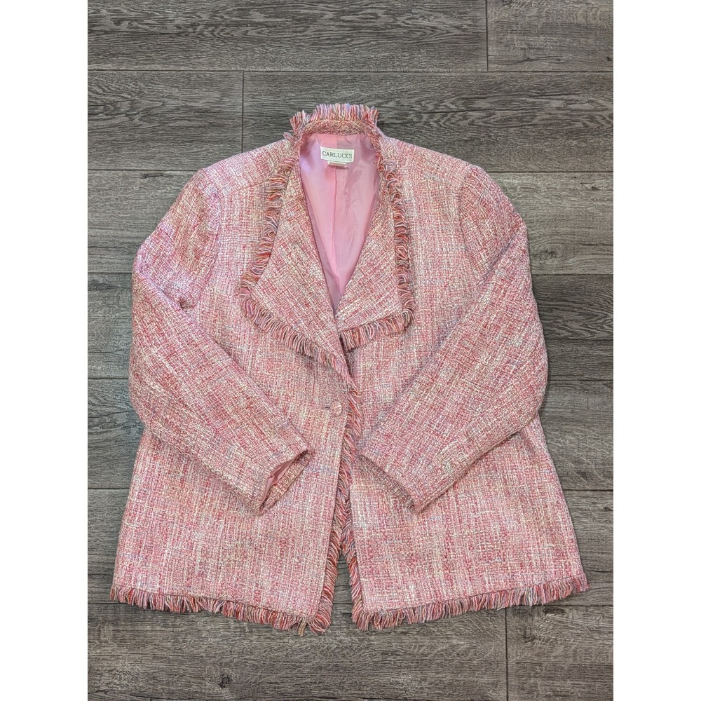Carlucci Pink Tweed Fringe Blazer Jacket Women 2X Plus Size Textured Open Front